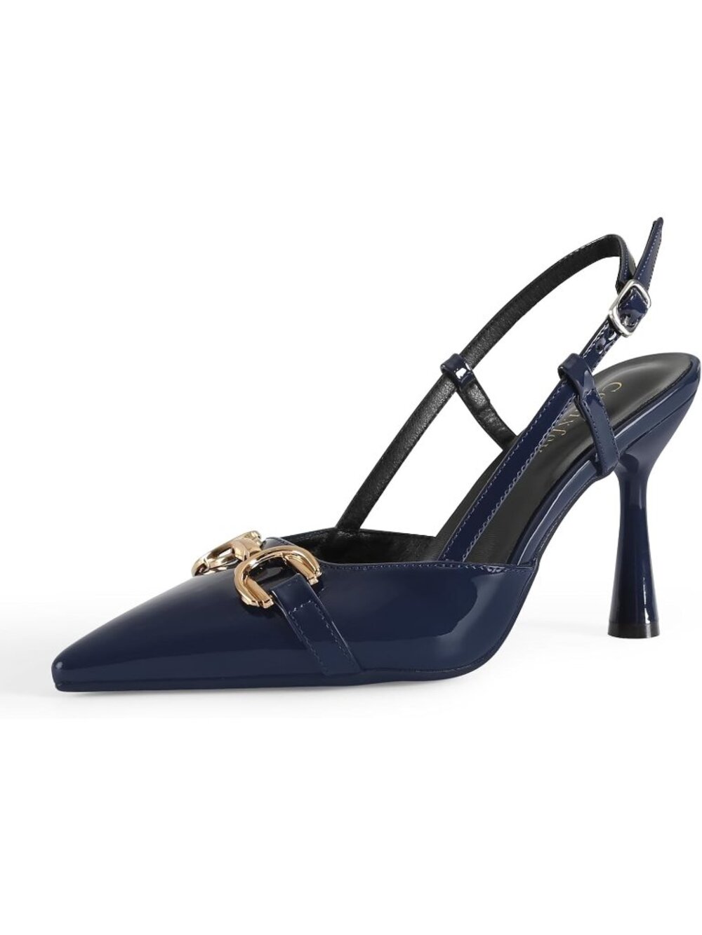 Women's Dark Blue Slingback Pointed Toe Stiletto Heels Shoes Adjustable Buckle